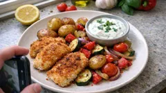 Backofen-Fisch vom Blech mit Drillingen & Röstgemüse – dazu Zitronen-Joghurt-Dip