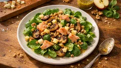 Feldsalat mit Räucherforelle und warmen Champignons – mit Apfel-Senf-Dressing