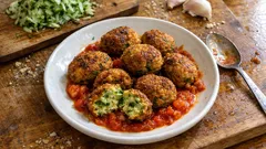 Knusprige Zucchinibällchen auf Tomaten-Paprika-Gemüse – so gelingen sie schön kompakt