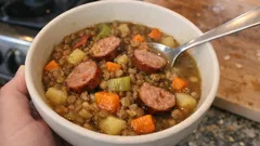 Klassischer Linseneintopf mit Würstchen – sämig dank Mehlschwitze