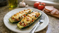 Gefüllte Zucchini mit Pute – saftig aus dem Ofen und oben schön goldbraun