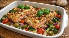 Ofenlachs auf Brokkoli-Tomaten-Bett – in 30 Minuten saftig und cremig