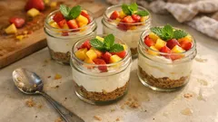 Cheesecake im Glas ohne Backen – cremig mit Mango, Erdbeeren und Mandel-Dattel-Boden