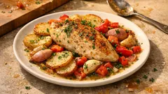 Ofen-Hähnchenpfanne mit Kartoffeln und Tomaten – ein Blech, wenig Arbeit, viel Aroma