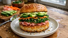 Veganer Sushi-Burger: knusprige Reis-Patties mit Avocado-Wasabi-Creme