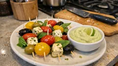 Tomaten-Oliven-Spießchen mit Avocado-Dip – schnelles Fingerfood fürs Buffet