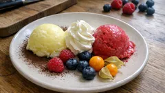 Sorbet-Dessert mit Beeren und Sahnetupfer – so gelingt’s ganz entspannt