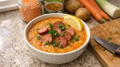 Rote-Linsen-Suppe mit Knacker: würzig, sämig und in kurzer Zeit auf dem Tisch