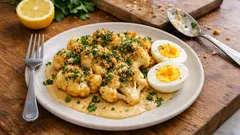 Knusper-Blumenkohl mit Senfeiern – so gelingt die cremige Sauce richtig gut