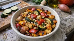 Ofengemüse mit Hokkaido, Paprika und Pinienkernen – einfach, aromatisch und meal-prep-tauglich