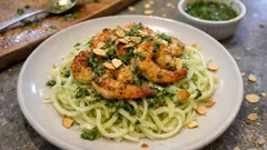 Kohlrabi-Spaghetti mit Garnelen und Zitronen-Pesto – leicht, frisch und schnell gemacht