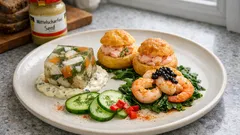 Dreierlei vom Fisch: Sülze auf Remoulade, Lachs-Windbeutel und Knoblauchgarnelen