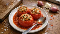 Gefüllte Tomaten aus dem Ofen: mit Hähnchen, Reis und cremiger Tomatensoße