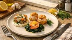 Dreierlei vom Fisch: Vorspeisen-Teller mit Sülze, Lachs-Windbeutel & Knoblauchgarnele