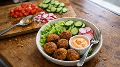 Falafel-Box fürs Meal Prep: knusprige Falafeln mit Salat & Harissa-Joghurt
