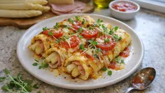 Pfannkuchen mit weißem Spargel – als herzhafte Rollen mit Käse überbacken