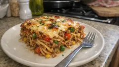 Spaghettiauflauf mit Paprika, Erbsen und Ziegengouda – in 10 Minuten überbacken