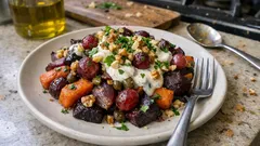 Ofengemüse mit Rote Bete & Möhren – dazu eine schnelle Kichererbsen-Joghurt-Creme