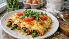 Spargel-Pfannkuchen aus dem Ofen: mit Schinken gefüllt und goldgelb überbacken