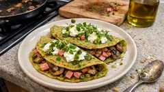 Herzhafte Brokkoli-Pfannkuchen mit Pilz-Schinken-Füllung und Ziegenfrischkäse