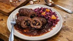 Rinderrouladen mit Pflaumen und Maronen – zart geschmort in Rotwein-Sauce