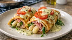 Überbackene Spargel-Pfannkuchenrollen mit Schinken – einfaches Rezept für die Spargelzeit