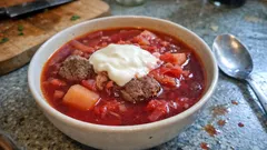 Borschtsch mit Rindfleisch: kräftige Rote-Bete-Suppe, die am nächsten Tag noch besser schmeckt