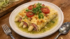 Spargel-Pfannkuchenrollen mit Schinken – kurz überbacken und herrlich saftig