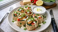 Vegane Wrap-Röllchen mit Tempeh, Spinat und Paprika – ideal zum Vorbereiten