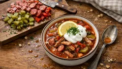 Soljanka mit Zitrone & saurer Sahne – kräftige Suppe mit Gurkenlake wie aus der DDR-Küche