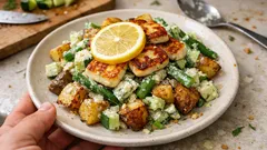 Knuspriger Kartoffelsalat aus dem Ofen – mit Halloumi und Joghurt-Dill-Dressing