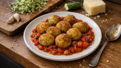 Knusprige Zucchinibällchen auf Paprika-Tomaten-Gemüse – so werden sie nicht wässrig