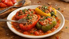 Gefüllte Paprika mit Buchweizen aus dem Ofen – saftig in fruchtiger Tomatensoße