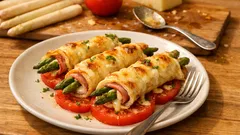 Spargel-Pfannkuchen aus dem Ofen: mit Schinken gefüllt und mit Käse überbacken