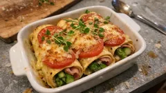 Spargel-Pfannkuchen aus dem Ofen – mit Schinken, Tomaten und Käse überbacken