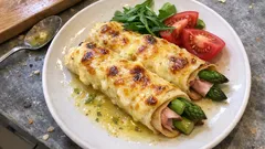 Spargel-Pfannkuchenrollen mit Schinken – goldgelb überbacken aus dem Ofen