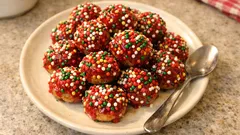 Christbaum-Kugeln: Haselnuss-Plätzchen mit Johannisbeergelee und Streuseln