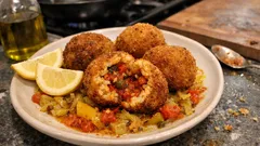 Knusprige Paella-Reis-Bällchen mit Tomaten-Kapern-Füllung – einfach aus der Pfanne