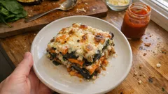 Gemüselasagne mit Süßkartoffeln – mit cremiger Blumenkohl-Béchamel aus dem Ofen