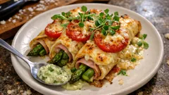 Spargel-Pfannkuchen aus dem Ofen: mit Schinken, Käse und Rucolasprossen