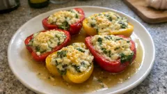 Vegan gefüllte Paprika aus dem Ofen – mit cremigem Kartoffelstampf und Sauerampfer