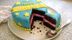 Happy-Birthday-Fondanttorte: Schoko-Biskuit mit Himbeer-Buttercreme und glatter Ganache