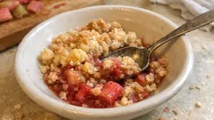 Rhabarber-Crumble aus dem Ofen: saftig-fruchtig mit richtig knusprigen Streuseln