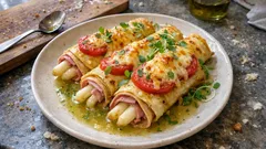 Spargel-Pfannkuchen aus dem Ofen: mit Schinken, Tomaten und goldener Käsekruste