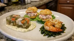 Dreierlei vom Fisch: Fischsülze, Lachs-Windbeutel & Knoblauchgarnele auf Giersch