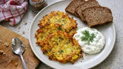 Knusprige Zucchini-Reibekuchen mit Kartoffeln – dazu ein schneller Quark-Schmand-Dip