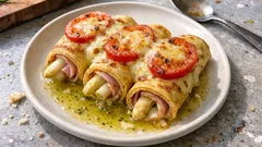 Pfannkuchenrollen mit weißem Spargel, Schinken und Käse – im Ofen überbacken