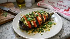 Fächer-Aubergine aus dem Ofen – mit Tomaten, Mozzarella und Gremolata