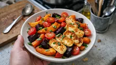Würziges Ofengemüse mit Halloumi – ein unkompliziertes Blechgericht aus dem Ofen