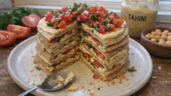 Herzhafte Wrap-Torte mit Hummus und Tomaten: schnell geschichtet, schön serviert